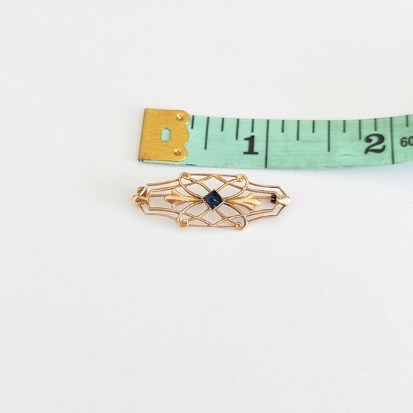 Vintage 10K Yellow Gold Blue Stone Small Brooch Pin - Picture 6 of 8